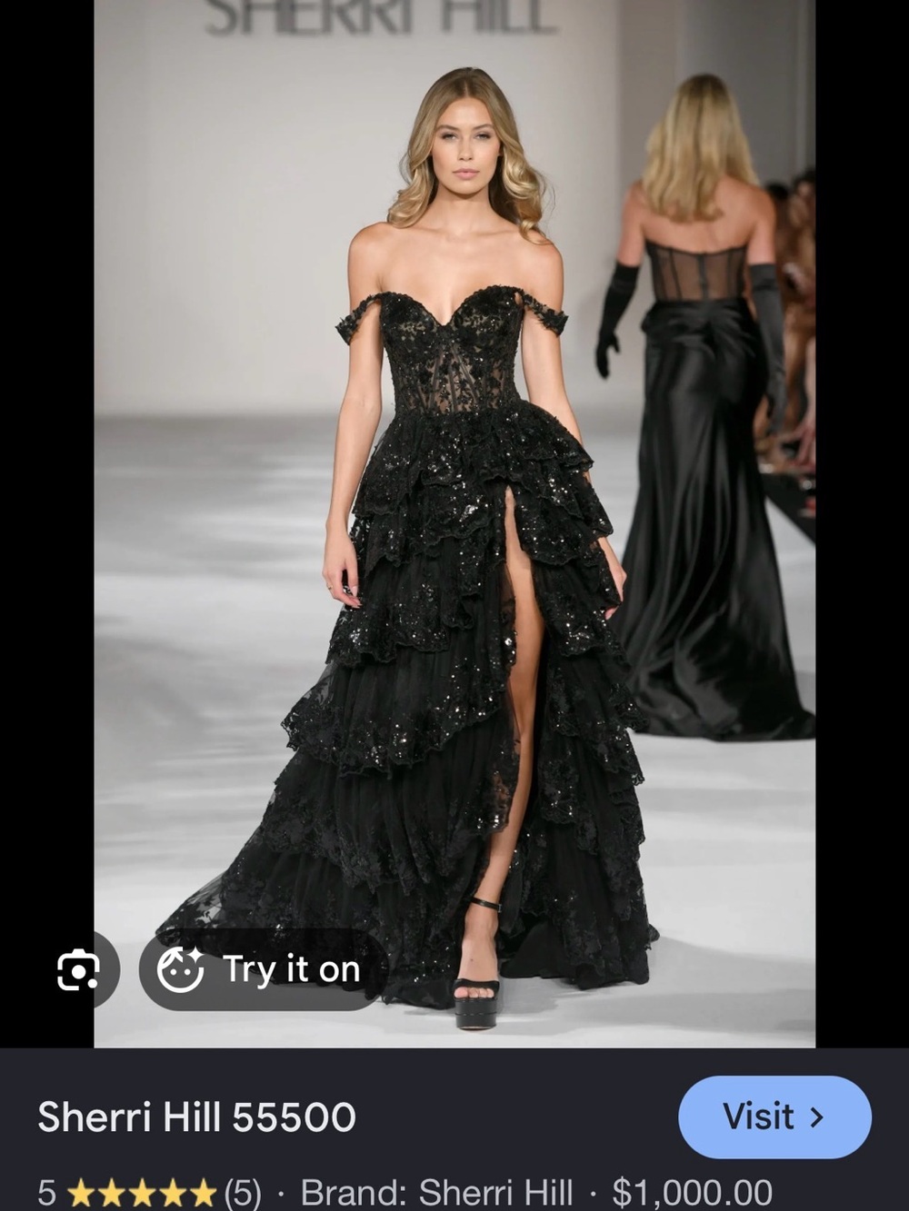 Sherri Hill Black Strapless Layered Ruffled Evening Gown